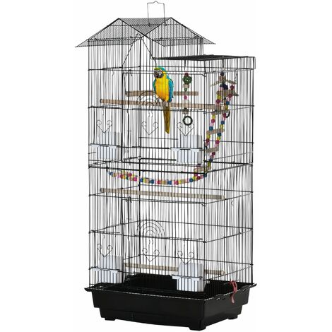 Gabbia per Uccelli con Scaletta Altalena Ciotole e Giochi 46x36x100 cm in Acciaio PP e Legno Nera