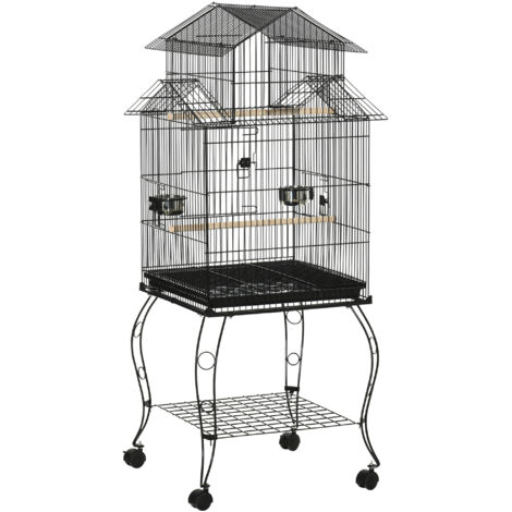 Gabbia per uccelli da interno in acciaio e legno con vassoio rimovibile, 4 ruote, posatoio e contenitore per il cibo, 50x49x137 cm, nera
