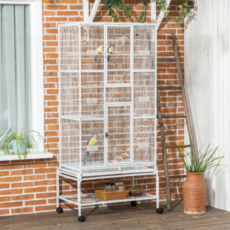 Gabbia per Uccelli in Acciaio e PP con Posatoi, Giocattoli, Contenitori per Cibo e Vassoio Removibile, 83x53x180 cm, Bianco