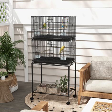 Gabbia per Uccelli in Acciaio e PP, Design Impilato con Posatoi, Altalene e Scalette, 77x46x164 cm, Nero