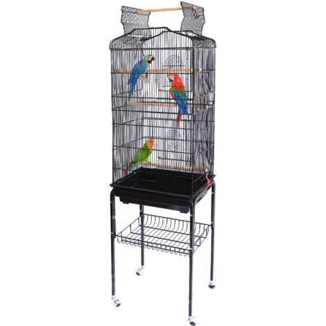 Gabbia Voliera per Uccelli Nera per Pappagalli con Tetto Apribile 46x35x148 cm