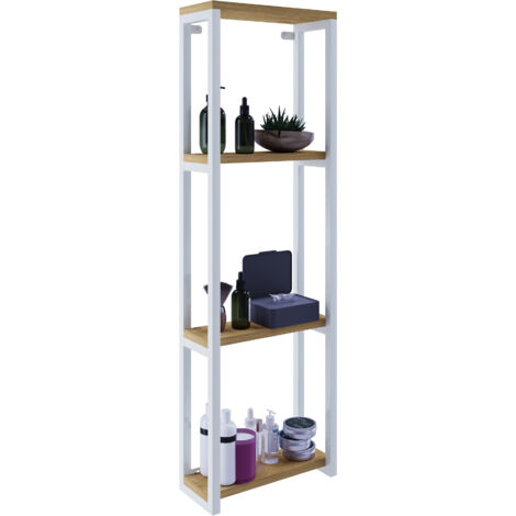Gabinete de baño de madera VCM  Muebles de baño Metal Estilo industrial  Estante de pared  Estante de baño  Dimensiones aprox. AL. 112 x AN. 35 x P. 15 cm - Bitila M (Blanco / Roble de Miel)