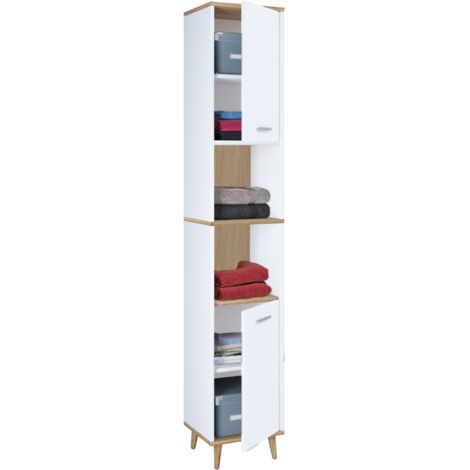 Gabinete de baño de madera VCM  Muebles de baño  Stand Gabinete de baño  Baño  Gabinete alto  Dimensiones aprox. AL. 181 x AN. 32 x T. 28 cm - Landos (Blanco / Roble de Miel)