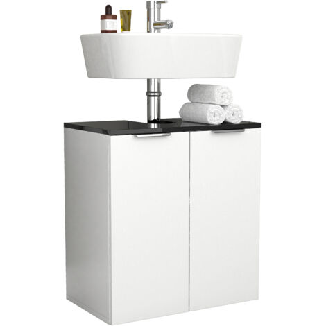 Gabinete de lavabo de madera VCM  Gabinete de baño  Dimensiones: AL. 60 x AN. 56 x T. 34 cm  2 Puertas giratorias grandes - Donali (Blanco / Negro)