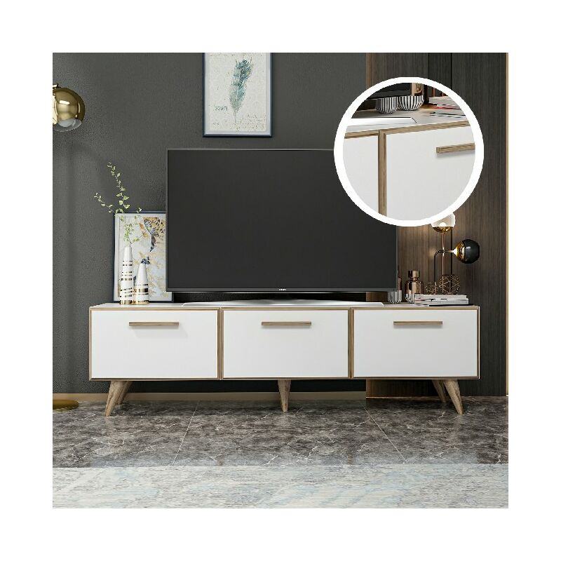 

Gabinete de TV Cara - con Puertas, Estanterias - Sala de estar - Blanco, nogal en Aglomerado de melamina, 160 x 37 x 45 cm, -