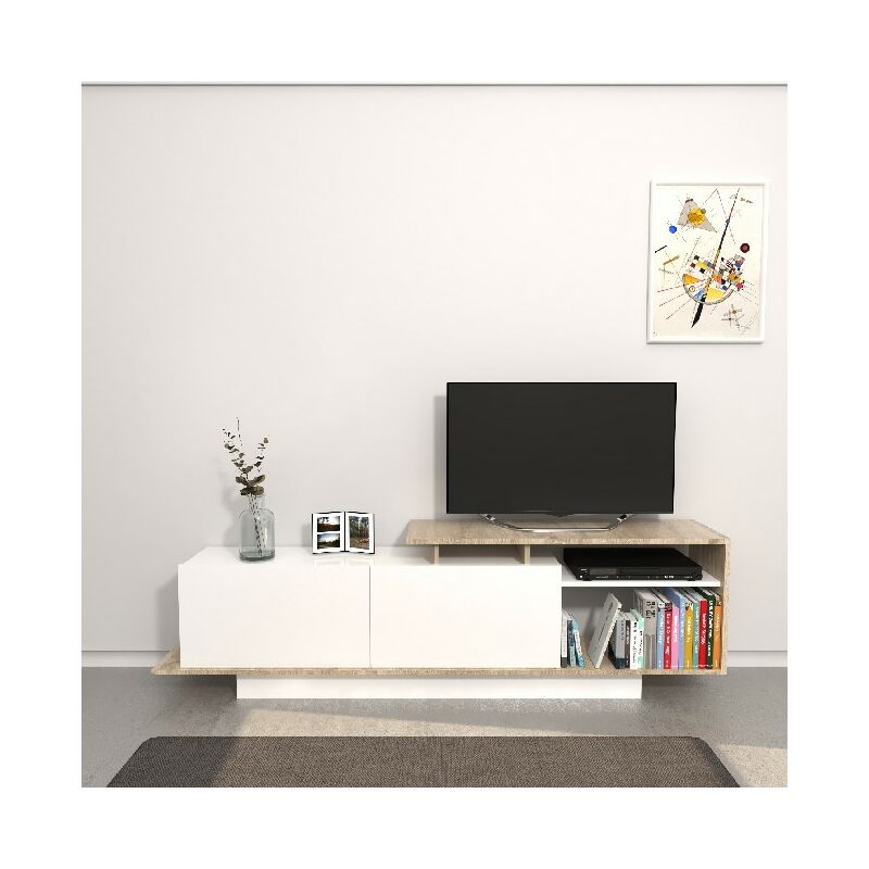

Gabinete de TV Martin - con Puertas, Estanterias - Sala de estar - Blanco, Sonoma en Aglomerado de melamina, 180 x 30 x 53,2 cm