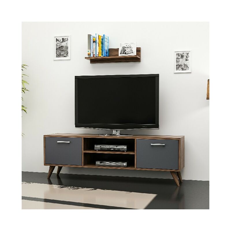 

Gabinete de TV New Horus - con Puertas, Estanterias - Sala de estar - Antracita, Nogal en Aglomerado de melamina, 120 x 30 x 45 cm, -