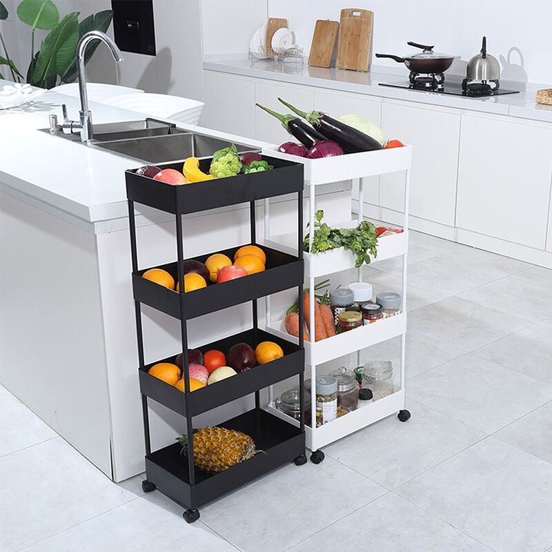 Gabinete negro del carro del almacenamiento de la cocina, estantes del almacenamiento de 4 niveles con el gabinete de cocina de la rueda