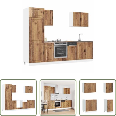 Gabinetes de cocina -  Conjunto de armarios de cocina de 7 piezas "Porto" de madera vieja de ingeniería
