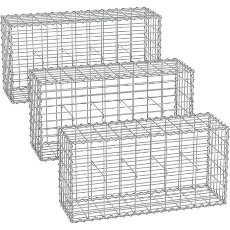 Gabionenkorb,100 x 50 x 30 cm,3er Set, Metall-Steinkorb mit 5 x 10 cm Maschenweite für Mauersteine, verzinkt, Steingabione Mauer, silber GGB353 - Silbern