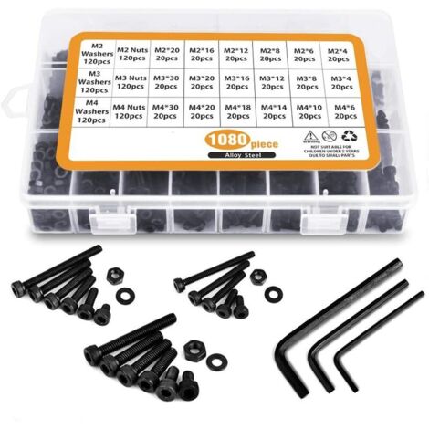 GABRIELLE 1080 pezzi M2 M3 M4 in acciaio al carbonio, bulloni a testa esagonale con dadi, assortimento (nero)