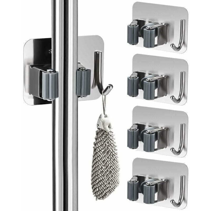 4 Pack Wall Broom Holders without Drilling, Wall Broom Holder, Self-Adhesive Broom Holder Made of Stainless Steel, Wall Broom Holder with Hooks, for