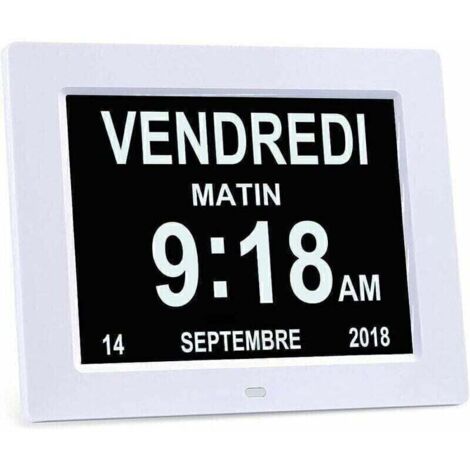 GABRIELLE 8" LCD Horloge Numérique Calendrier avec Date, Jour et Heure Horloge Alzheimer pour Les Seniors,C'est pour Les Parents (Blanc)