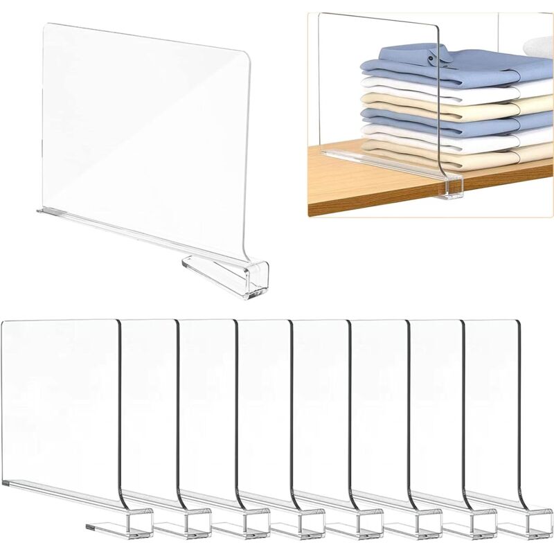 Gabrielle - 8 séparateurs d'étagères en acrylique transparent, séparateurs 30 x 20 cm, étagères polyvalentes pour chambre à coucher, cuisine, armoire