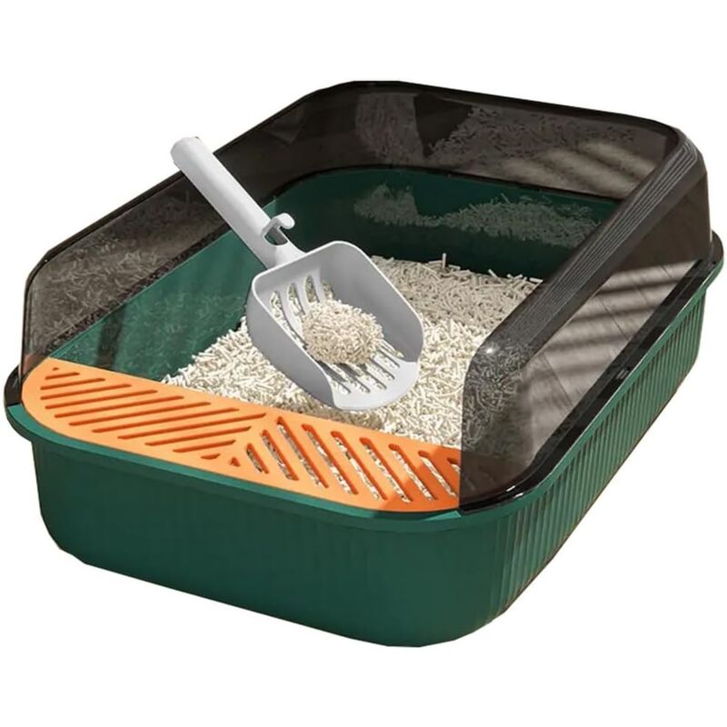 Bac à litière pour chat xxl 51x35x18 cm i semi-fermé - amovible, résistant aux éclaboussures - avec cuillère de nettoyage (orange-vert) - Gabrielle