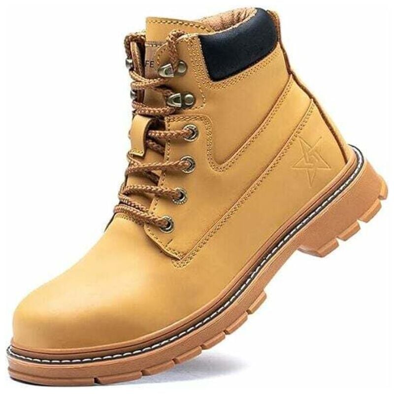 Chaussure de Securite Homme Femmes Bottes de Travail Cuir Imperméables Legere Embout en Acier Bottes de Sécurité Indestructible Protection Jaune Noir