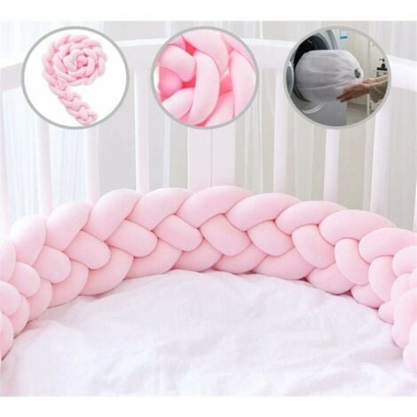 GABRIELLE Crib Bumper 4 Weave Patterns Baby Pillow Snake Pattern Braided Bumper Velvet Protector Bed Bumper Nursery for Newborns Bed Room Decoration with Laundry Bag Pink 1.5m