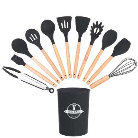 GABRIELLE Kochutensilien aus Silikon, 12-teiliges Küchenzubehör-Set, BPA-frei, Utensilien-Set aus Holz, Antihaft-Set mit Aufbewahrungspfanne, Schwarz