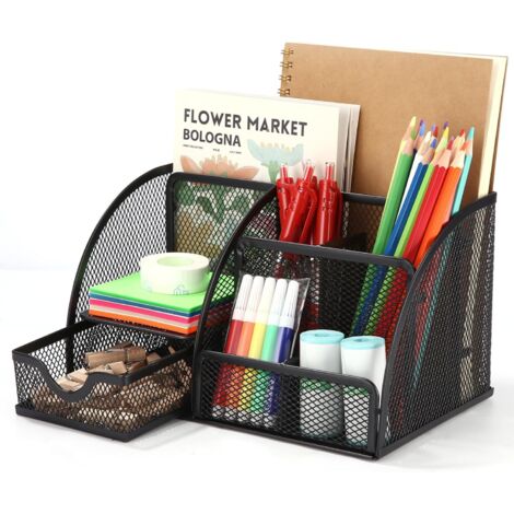 GABRIELLE Organizer da scrivania, organizer in rete con cassetto e portapenne, 7 scomparti di smistamento, organizer e dispenser per penne, raccoglitori, post-it