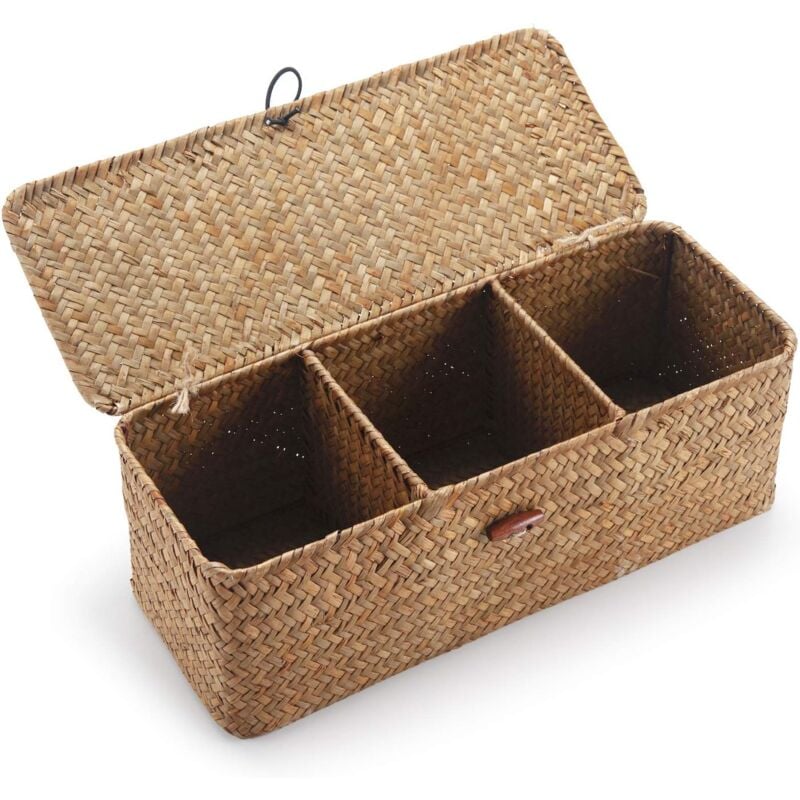 Panier de rangement en jonc de mer avec couvercle Boîte rectangulaire en osier avec compartiments pour organiser le papier toilette Snacks et jouets