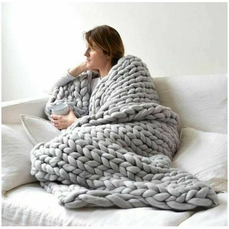 gabrielle - plaid tricoté main en grosse maille, couverture laine tricoté grande maille jeté de lit pour sofa, natte de couchage,gris,6080cm