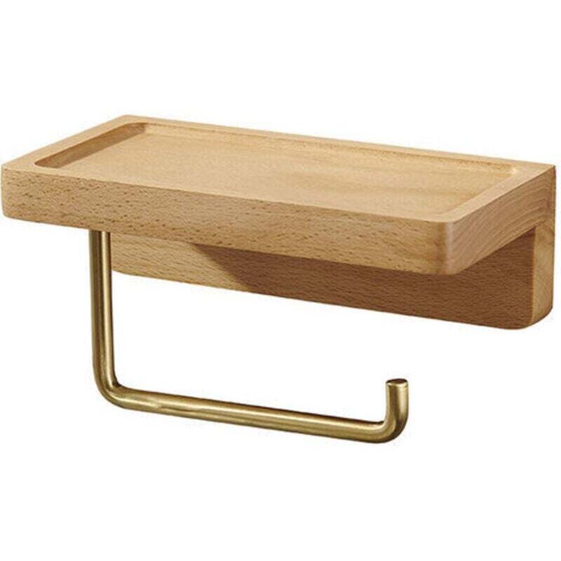 GABRIELLE Porte Papier Toilette Double Installation Bois Massif Hêtre Dérouleur Support Papier WC Mural Auto-adhésif Coins Arrondis Porte Rouleau de