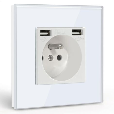 GABRIELLE Presa a muro con 2 porte USB, presa di corrente CA 16A con pannello in vetro, multipresa a muro Max 2,1A, adatta per smartphone, tablet (1 presa con 2 porte USB, bianco)