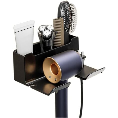 GABRIELLE Self-Adhesive Wall Mounted Hair Dryer Holder No Drilling Required with ABS Storage and Cable Management, Black Plastic Hair Dryer Holder for Hotel Bathroom