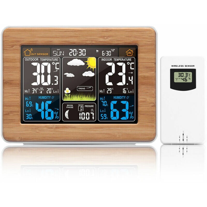 Gabrielle - Station météo numérique Réveil Thermomètre électronique Hygromètre Baromètre Capteur extérieur sans fil Décoration intérieure bois