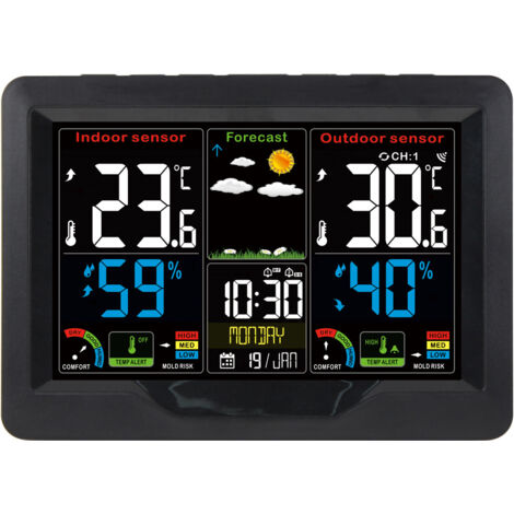 GABRIELLE Wetterstation, DCF Wireless Indoor Outdoor Wetterstation mit Außensensor, digitalem Farb-LCD-Bildschirm, Thermometer Hygrometer Mondphasenbarometer, Wettervorhersage