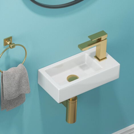 Gäste WC Mini Waschbecken Klein Rechteckiges Waschtisch, Hängewaschbecken Bad, Keramik Waschbecken mit Rechts Hahnloch , 37 x 18cm