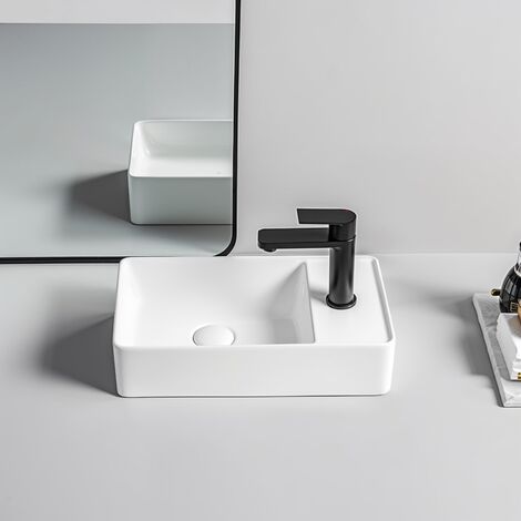 Gäste WC Waschbecken SOHO 2.0 in 46 x 25 x 12 cm aus feinster Keramik für Wandmontage oder als Aufsatzwaschbecken mit Hahnloch:Hahnloch Rechts