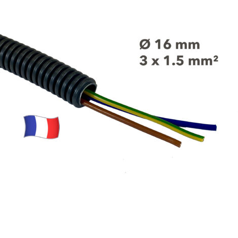 Gaine électrique préfilée 25 mètres diam 16 avec 3 fils Bleu, Vert/Jaune, Marron 1.5 mm² - PREFA ELEC