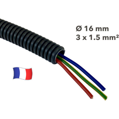 Gaine électrique préfilée 5 mètres diam 16 avec 3 fils Bleu, Vert/Jaune, Rouge 1.5 mm² - PREFA ELEC