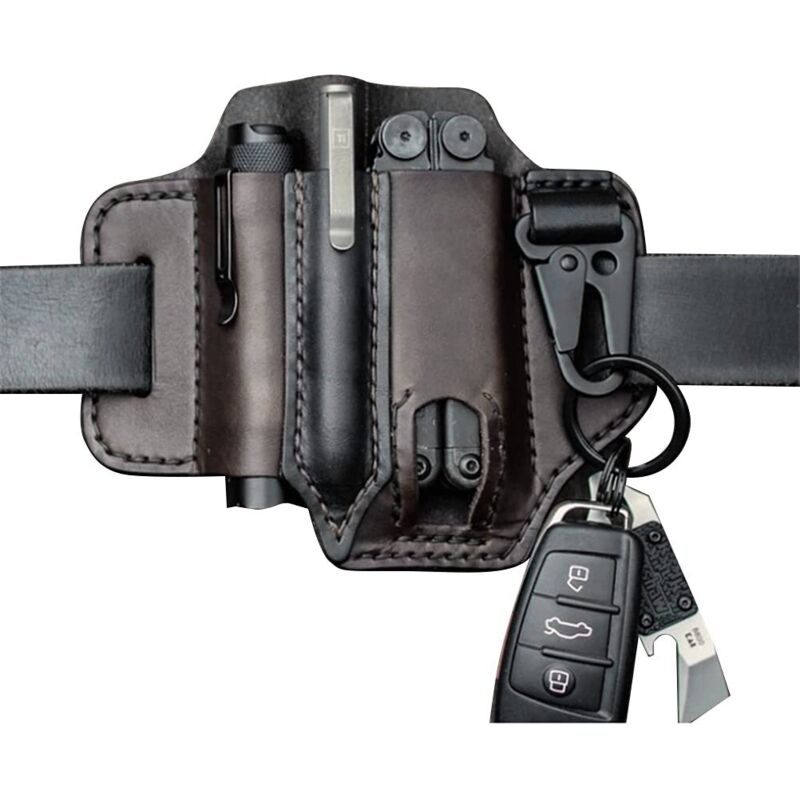 Gaine en cuir pour organiseur - Boucle de ceinture - Porte-outils multifonction en cuir avec porte-clé pour ceinture et lampe de poche