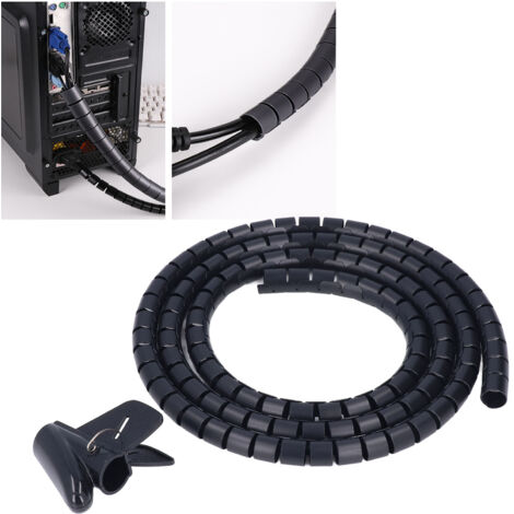 [Gaine spiralée] [Manosource] [GA20BK] [Réducteur spirale] - Gaine spiralée en plastique noir diamètre 20mm/0.79in pour organisation et protection des fils TV DVD PC avec clip et collant - 2m/6.6ft
