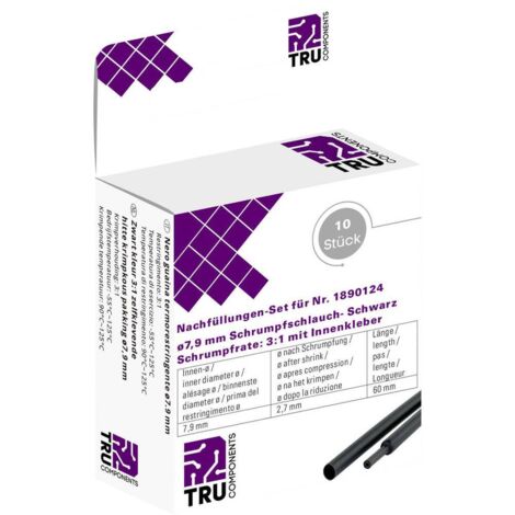 GAINE THERMORÉTRACTABLE AVEC COLLE TRU COMPONENTS T1807CA006F 8435028 NOIR 7.90 MM TAUX DE RETREINT:3:1 10 PC(S)