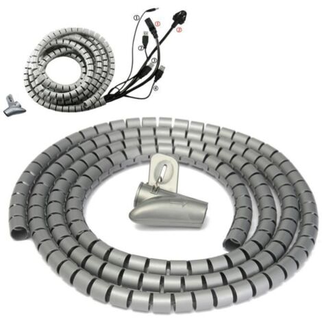 Gaine Tube Spirale Range Cache Câble Fil 2M Ø15mm avec Clip Attache GRIS