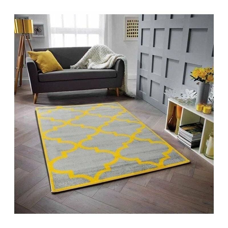 Gala Tapis De Salon En Polypropylene 160 X 230 Cm Gris Et Jaune Motif Arabesque