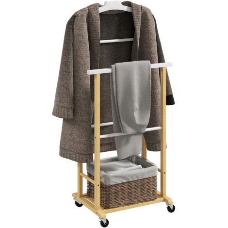 Galán de Noche Bambú con Ruedas Percha Superior Barras para Pantalones y Balda Inferior para zapatos Natural y Blanco