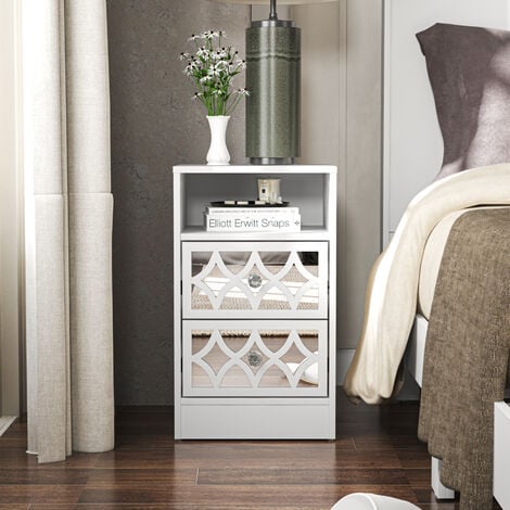 GALANO Bowen 2 Drawer Bedside - stylish bedside table, organizer and storage cabinet for bedroom, living area, hallway - White