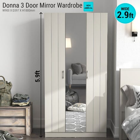 GALANO Donna 3 Door with Mirror Wardrobe - Light Grey (Groove)