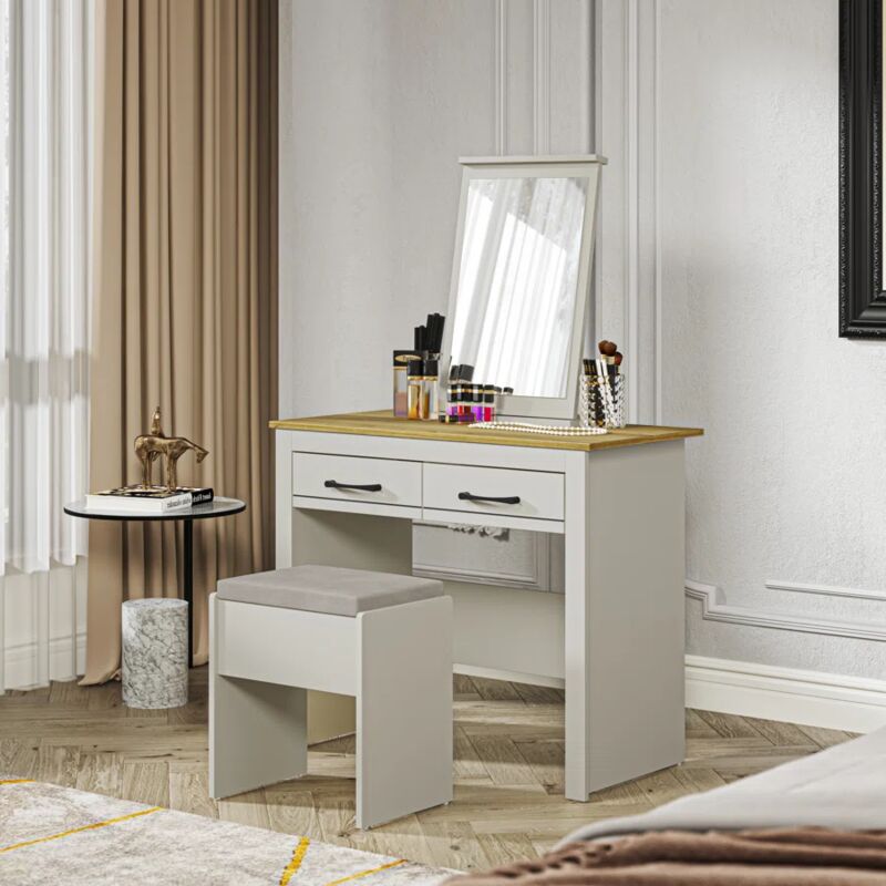 Limestone Coiffeuse avec miroir et tabouret rembourré – Grande table de maquillage pour chambre à coucher avec tiroir de rangement – ​​Table console