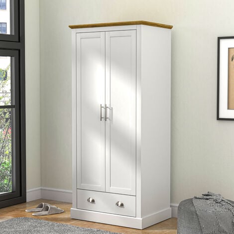 GALANO Sufy 2 Door 1 Drawer Wardrobe - stylish wardrobe with drawer, bedroom furniture, hanging rod, bedroom storage space - White + Reviera Eichi