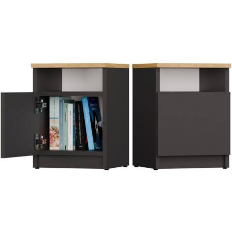 GALAX - Table de nuit Anthracite / Chêne artisan – 1 porte – Chambre