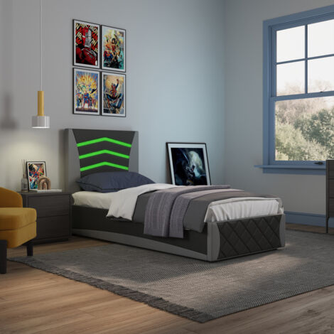 Galaxy Ottoman Storage LED Headboard Gaming Single Bed Frame (Black and Grey)