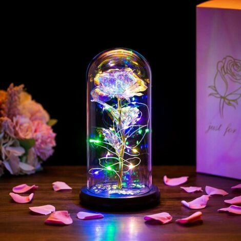 GALAXY ROSE Cadeaux pour Maman Lumières LED Cristal Éternel Beauté et Bête Rose dans un Dôme de Verre Galaxy Rose Fleur Cadeau pour Anniversaire Saint Valentin Petite Amie Femme Anniversaire Blanc