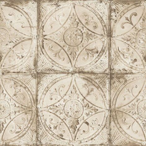 Galerie Rustic Traditional Floral Tile Wallpaper Beige Stylish Paste The Wall