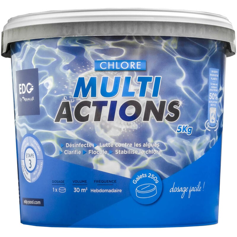 Chlore Multi Actions Piscine - Multi Fonctions Action Longue Durée - Galets 250g - Seau 5 kg EDG white