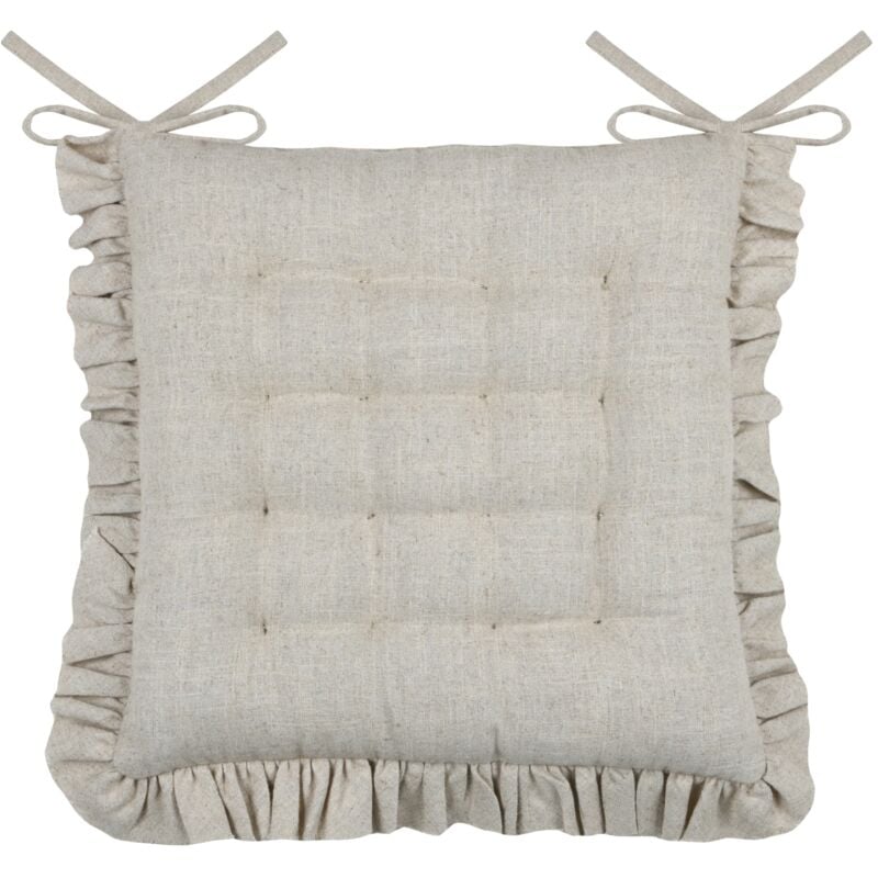 Lovely Casa - Galette de chaise à volants en coton et lin Ficelle 38x38 cm